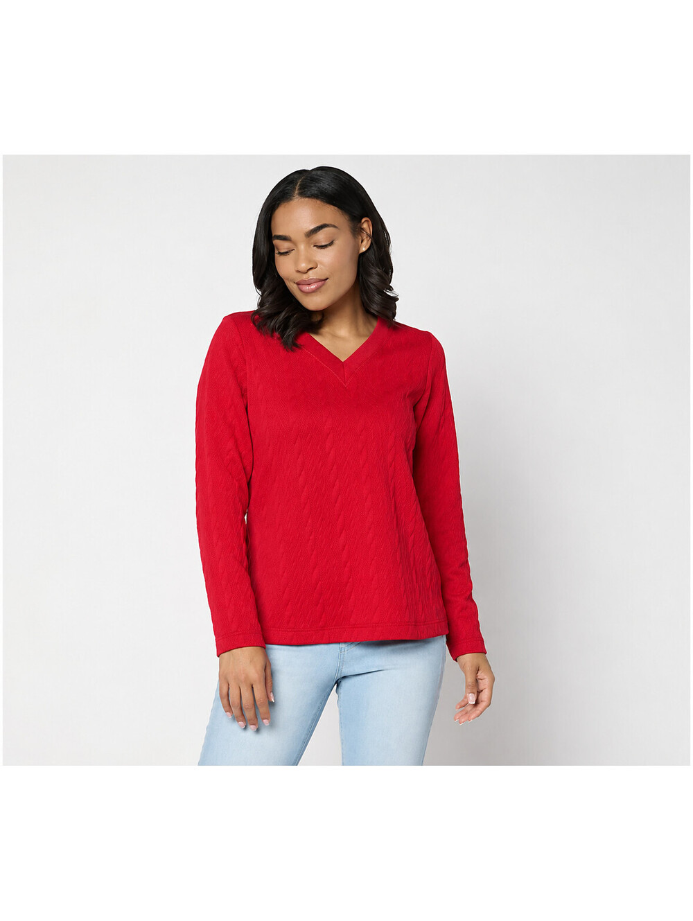 Belle by Kim Gravel Cable Chic V Neck Textured Top Americana Red, X-Large